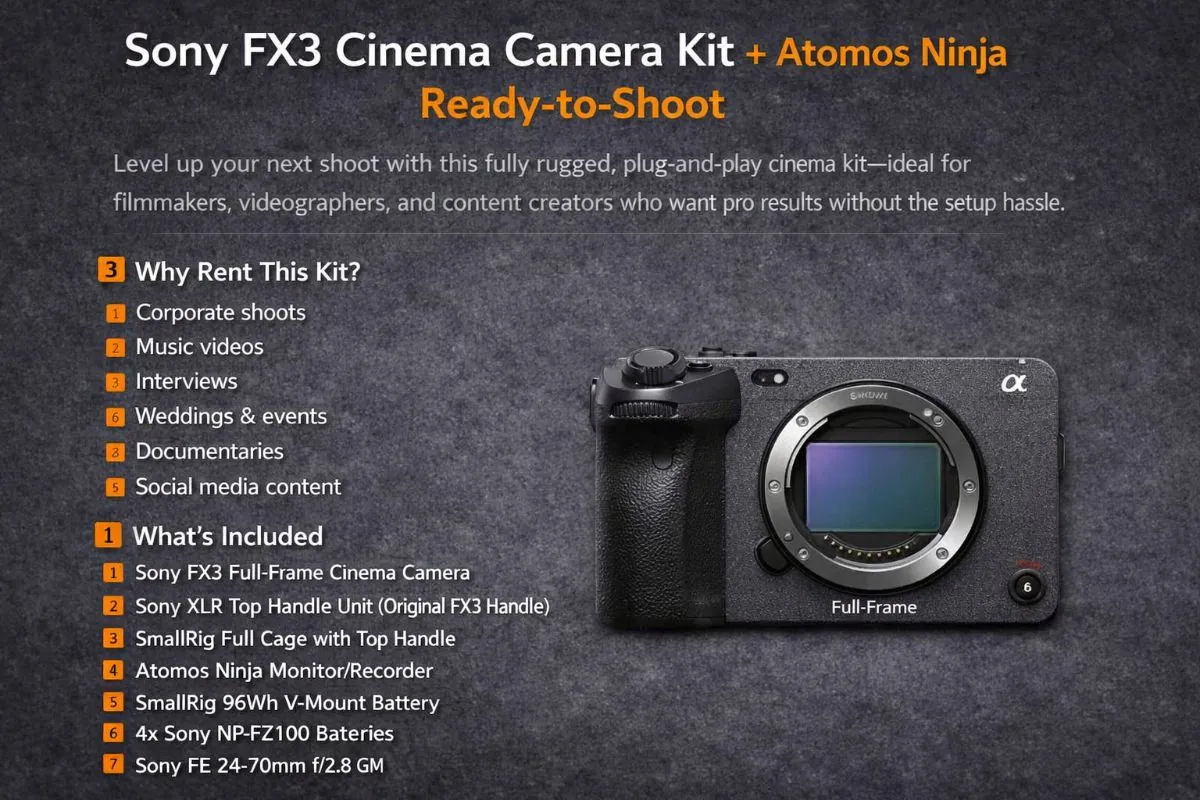 Sony FX3 Cinema Camera Kit + Atomos Ninja + 24–70mm f/2.8 GM Lens